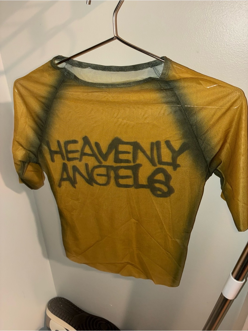 Sheer 'HEAVENLY ANGEL' Graphic Mesh Top - Mustard & Black